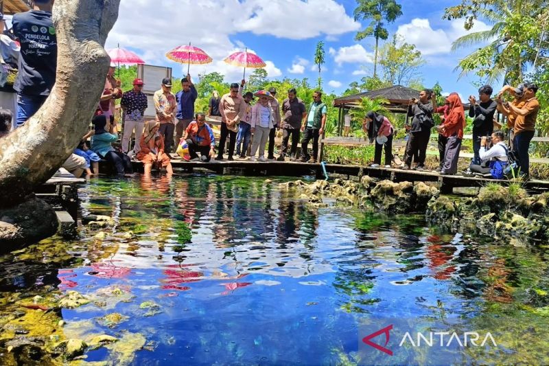 PJ Gubernur Kaltim Akmal Malik beserta rombongan saat mengunjungi wisata air panas asin Pemapak, Berau, Minggu (22/9/2024).