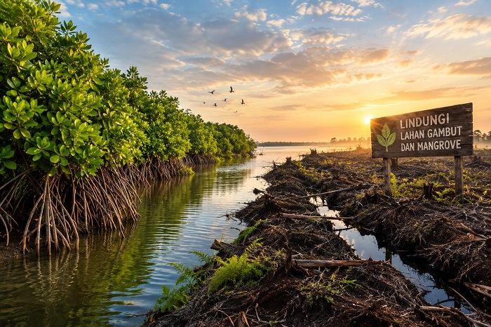 Ilustrasi kawasan lindung mangrove dan gambut.