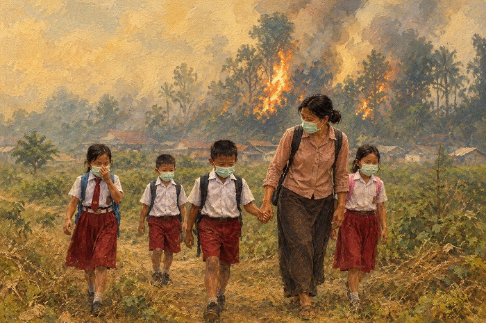 Ilustrasi anak-anak terdampak polusi asap karhutla.