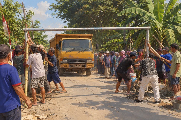 Warga Desa Rawalo menutup akses jalan menuju tambang pasir.