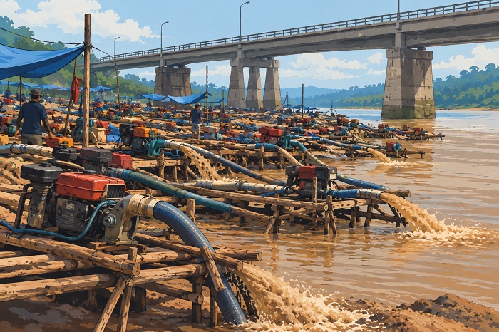 Ilustrasi penambang emas di bawah Jembatan Sei Katingan.