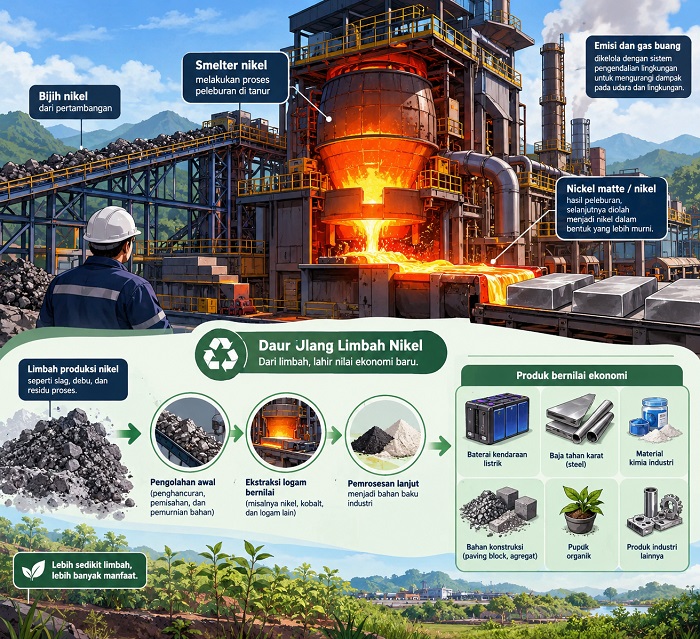 Daur ulang limbah industri smelter nikel.