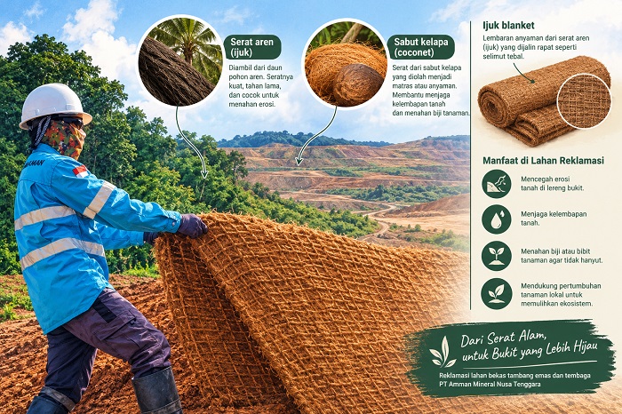 Ilustrasi pengaplikasian ijuk blanket di areal reklamasi tambang.