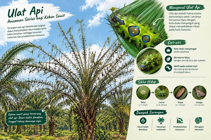 Ilustrasi ulat api merusak tanaman sawit.