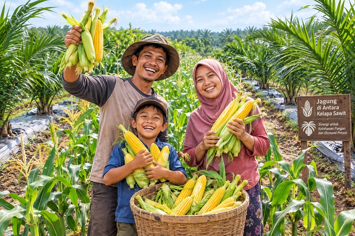 Ilustrasi panen jagung di kebun sawit.