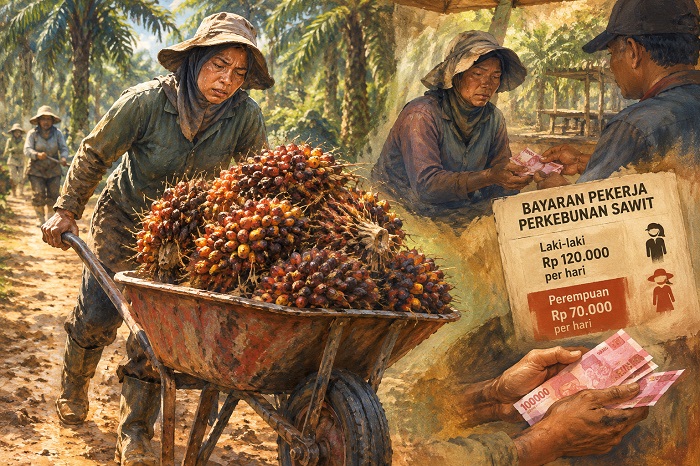 Ilustrasi pekerja perempuan di perkebunan sawit.