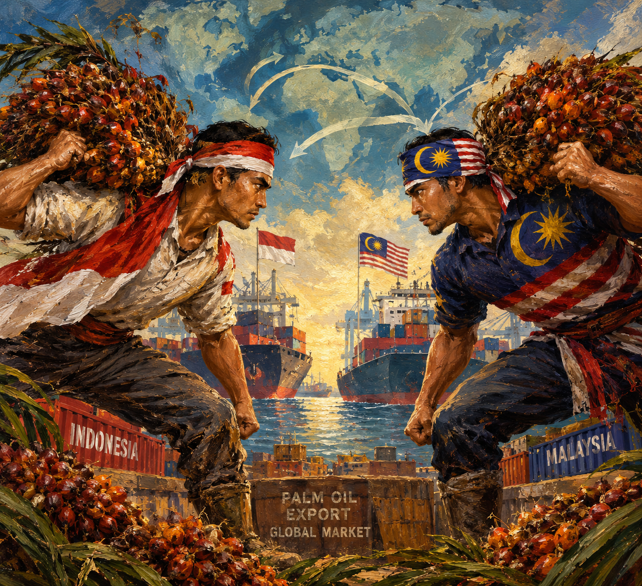 Ilustrasi persaingan ekspor sawit Indonesia dan Malaysia.