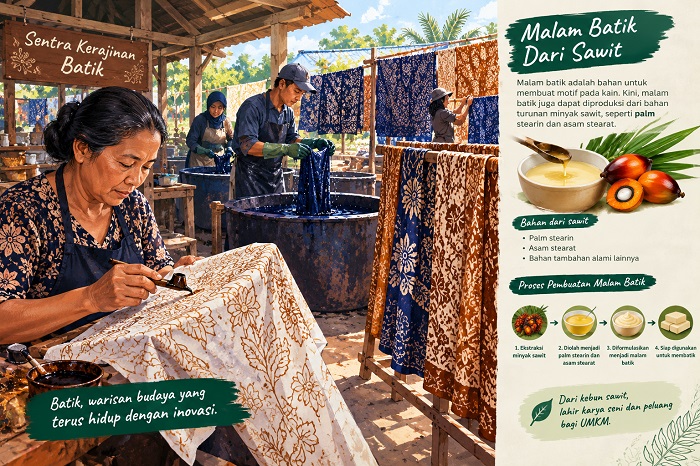 Ilustrasi perajin batik menggunakan malam berbahan lemak sawit.