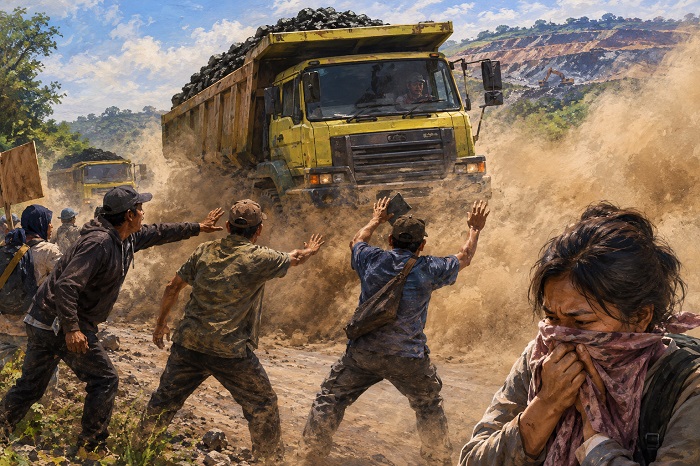 Ilustrasi warga menghadang truk batu bara PT MME.