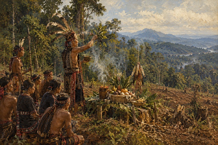 Ilustrasi balian Dayak memimpin upacara adat.