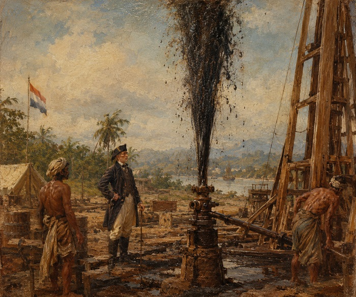 Ilustrasi orang Belanda mengeksplorasi sumur minyak di Indonesia.